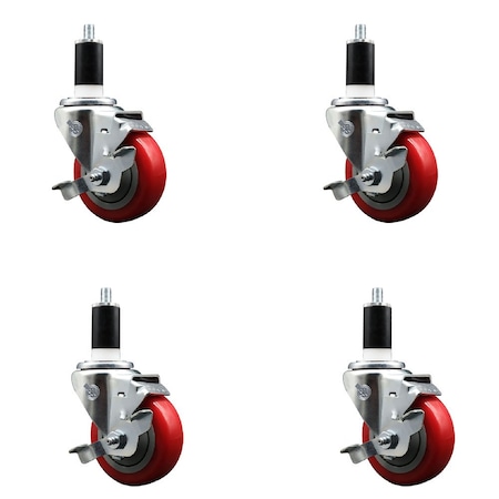 Service Caster 3.5'' Red Poly Swivel 1-3/8'' Expanding Stem Caster Set with Brake, 4PK SCC-EX20S3514-PPUB-RED-TLB-138-4
